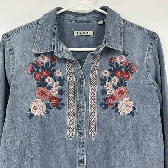 Orvis Shirt Womens Large Blue Denim Floral Embroidered Button Down Long Sleeve - Picture 2 of 12